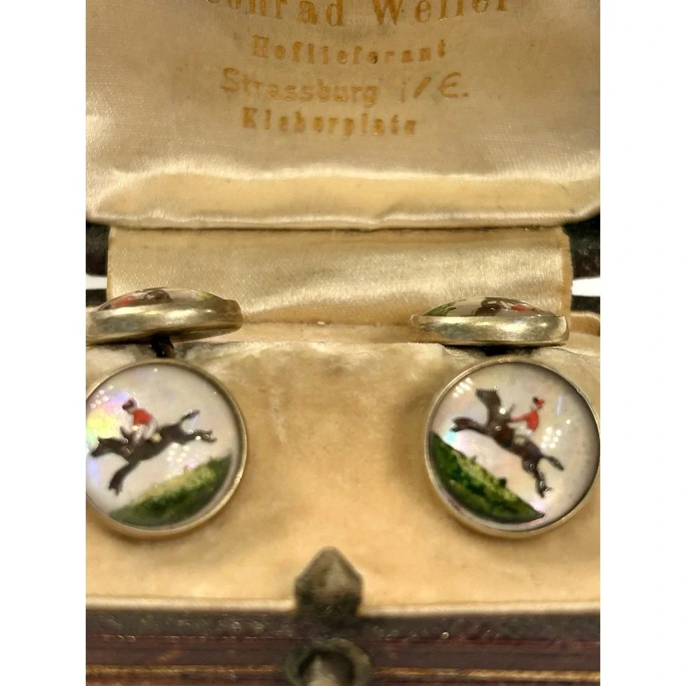 Antique VTG 14K Gold Intaglio Reverse Essex Crystal Horse Jockey Cufflinks Derby